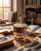 3D book-spine glass mug with coffee, lifestyle
