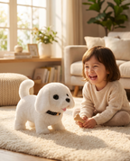 Interactive robot puppy toy with child, lifestyle