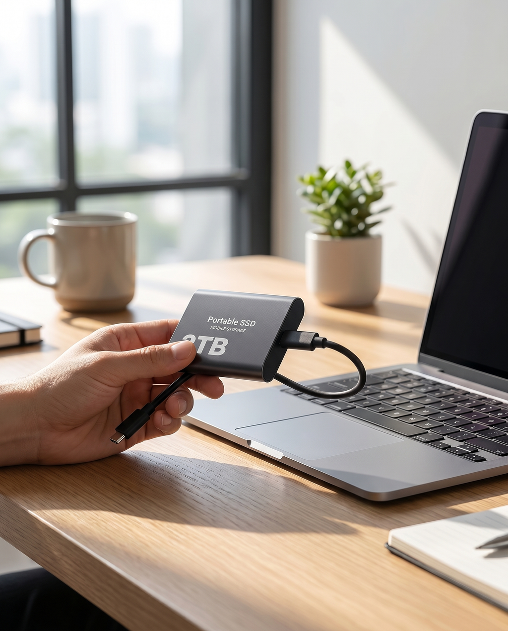 Compact USB-C portable SSD 2TB on desk, lifestyle